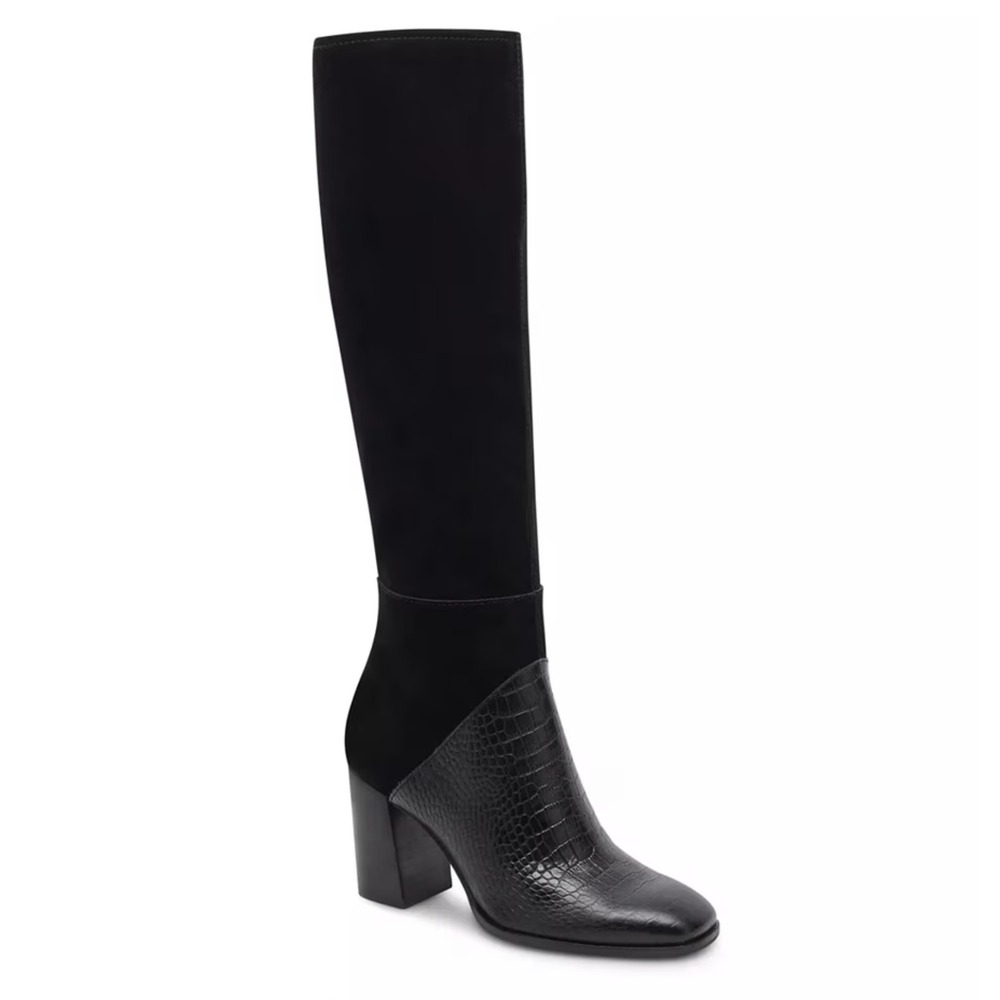 Dolce Vita‎ Fynn Black Suede Crocodile Embossed Leather Heeled Tall Boot Size 6